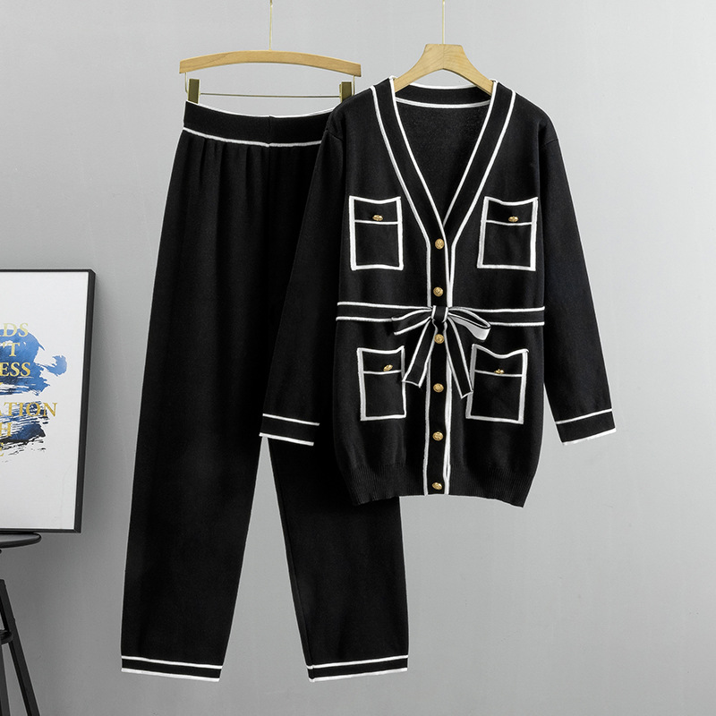 Ensemble pantalon pour femme, cardigan tricoté, pantalon à jambes larges, ensemble deux pièces à la mode, tempérament de printemps, automne et hiver_voghion.com