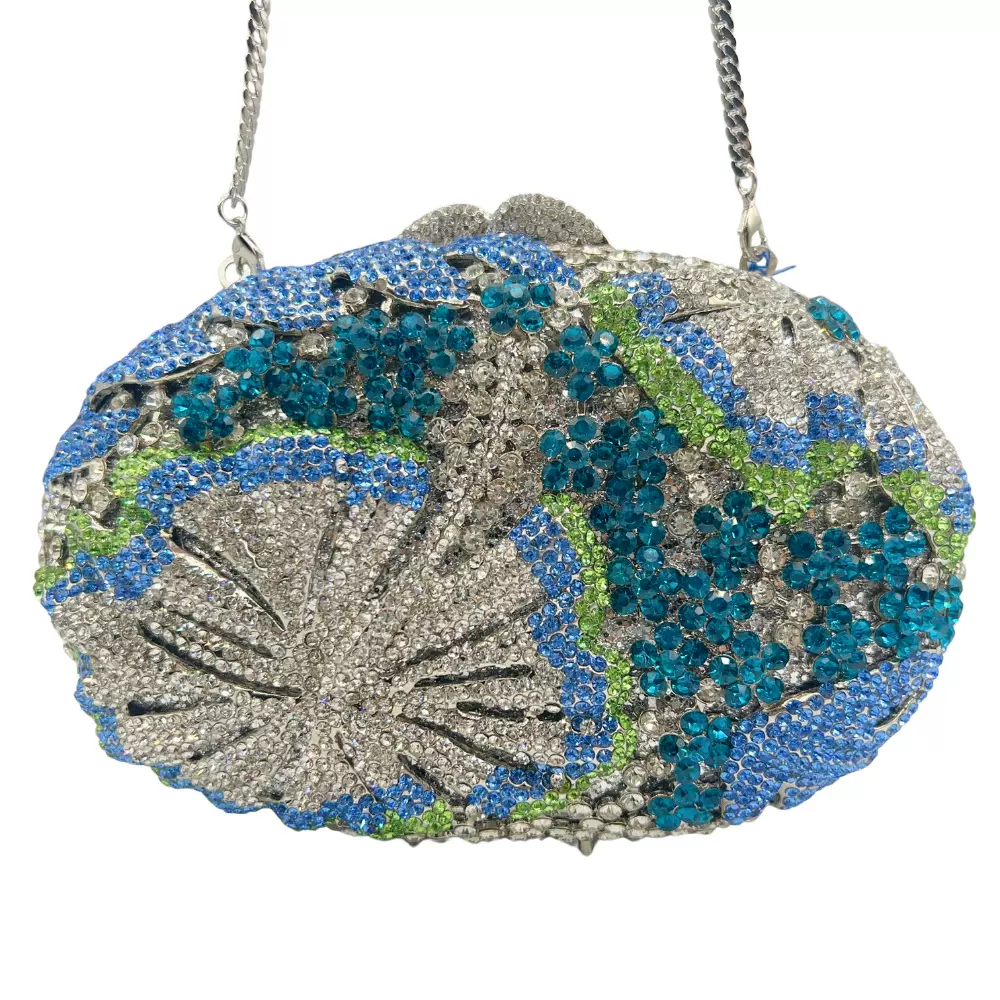 Clutch bag镂空花卉镶钻晚宴包宴会水钻化妆袋轻奢蓝宝石手拿女包