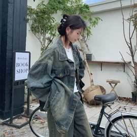 宽松水洗百搭高街设计美式夹克上衣复古感牛仔外套女春秋小众做旧
