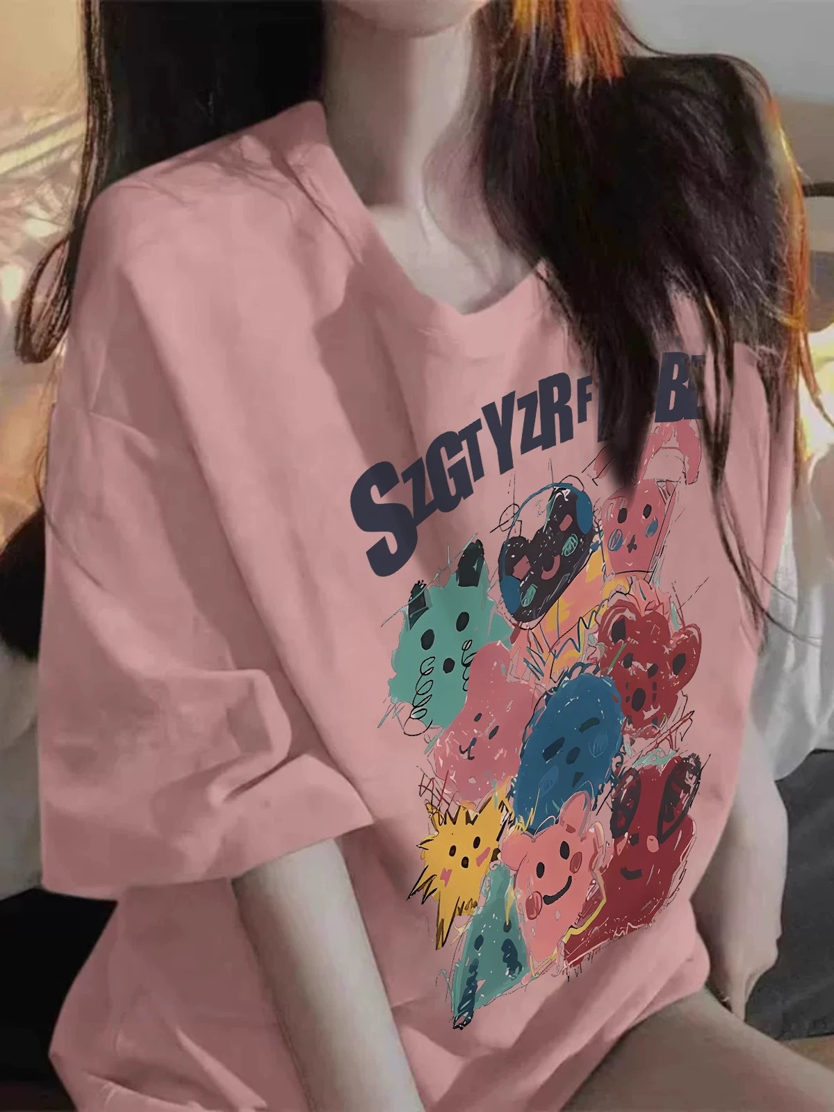 Pink Pure Cotton Short-Sleeved T-Shirt for Women in Summer Loose Lazy Half-Sleeved Top Cartoon Print Design Niche T-Shirt