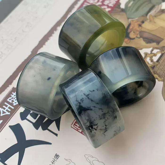 天然岫玉扳指玉石辽宁冰种水墨青花飘花直筒指环男款霸气戒指批发
