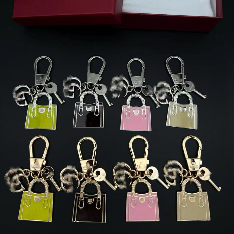 Gucci Keychain Pendant, Classic Bag-Shaped Design, Made of Metal and Leather, Available in Pink, White, and Black