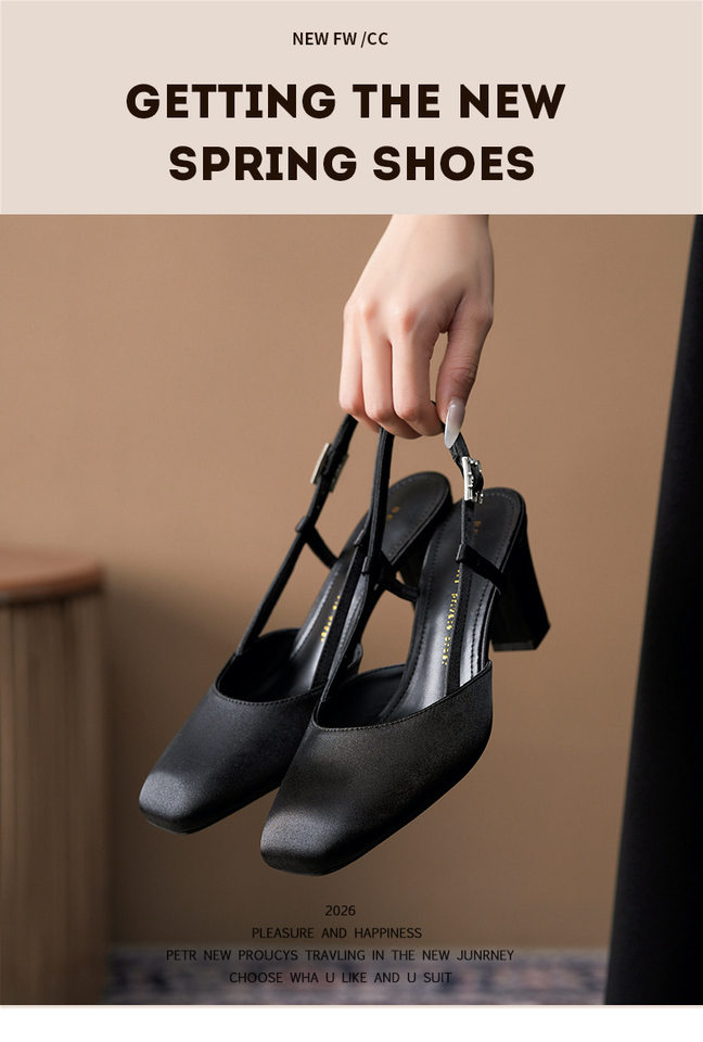 Sandal nữ mũi vuông gót thô hở gót quai ngang thanh lịch công sở, gót 6–8 cm — Bạc ánh kim, Màu vàng gừng, Phấn phủ mịn lì, Đen cao cấp chi tiết 2