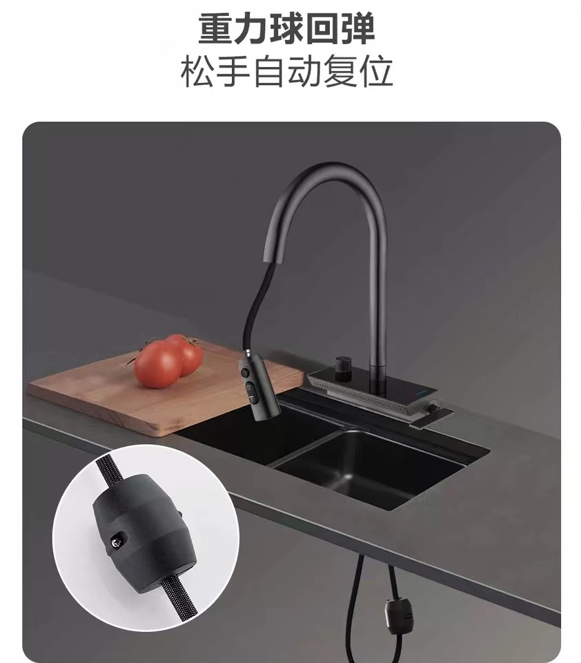 The kitchen is equipped with a universal all-copper digital display hot and cold sink faucet that can be pulled out like a flying rain waterfall undefined