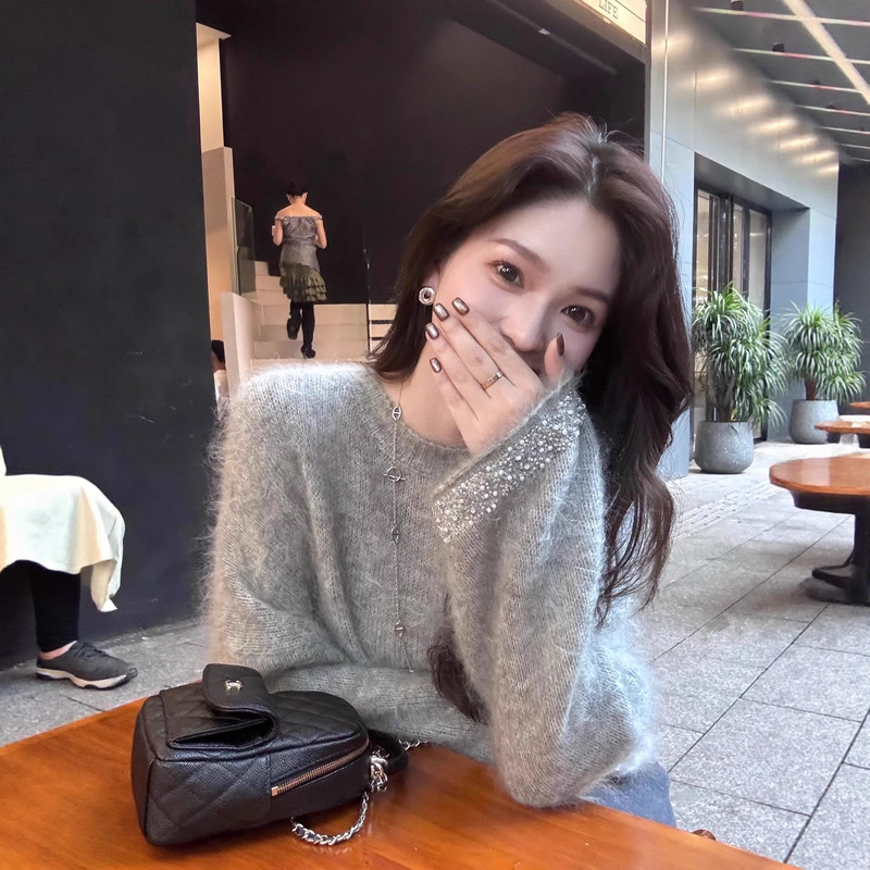 High-End Gray Mohair Beaded Pullover Sweater for Women, Autumn and Spring Women's Clothing, Loose and Lazy Style, Soft and Cozy Knit