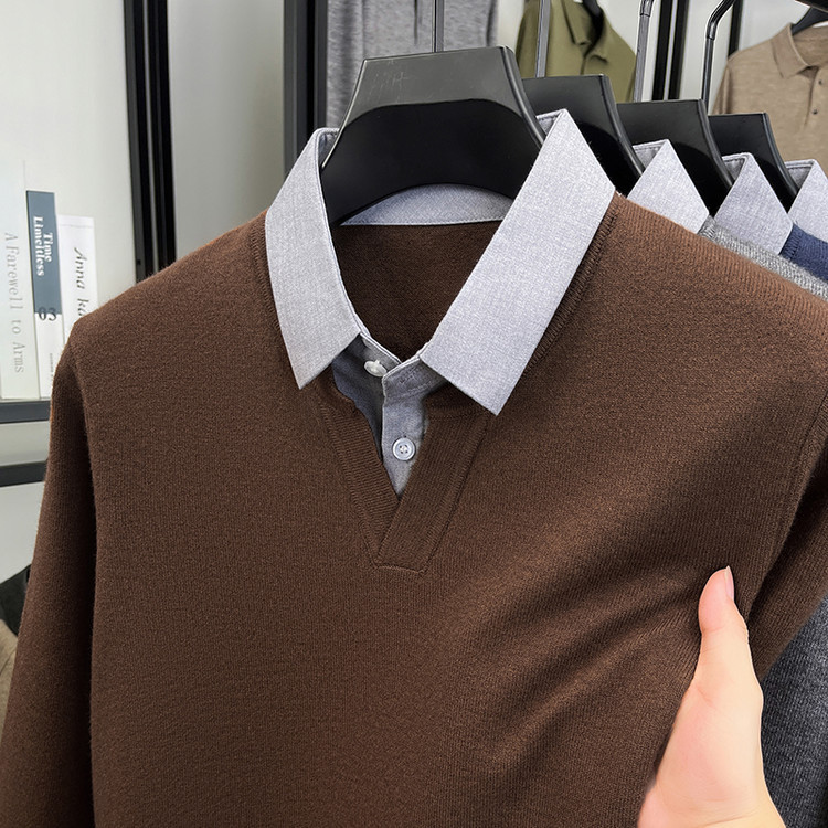 Primavera y otoño con solapa de manga larga de hombre base popular camiseta de punto de hombre falsa dos piezas de chaqueta simple suéter casual suelto