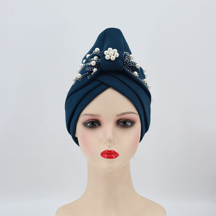 Cross-Border Hot-Selling Muslim Indian Hat for Women, Space Cotton Pearl-Studded Turban Hat with Tie Knot and Rhinestone Embellishments