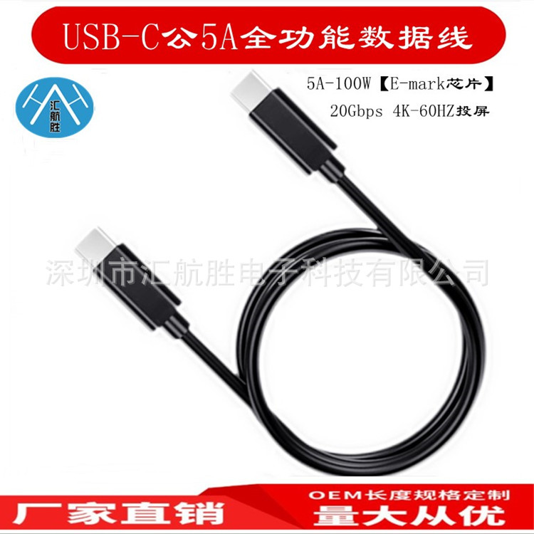 USB-C公5A 100W 20gbps 4K投屏全功能快充数据线内置E-mark芯片