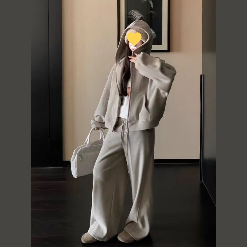 大码胖韩系简约运动休闲运动服时尚美式春秋季宽松阔腿裤两件套|undefined