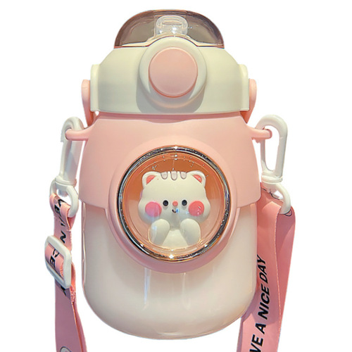 Cute straw cup, good-looking universal strap, children's water cup, space capsule plastic cup, large capacity couple kettle