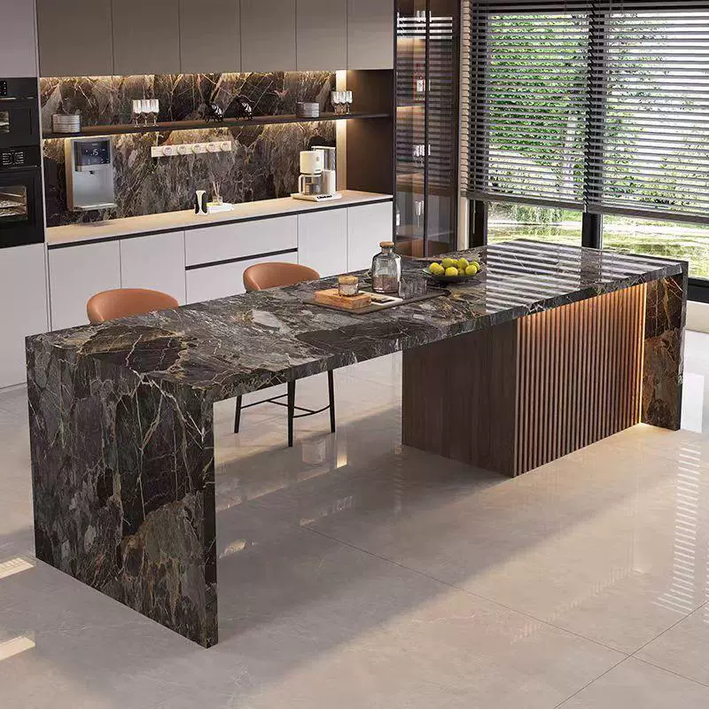 Обеденный стол из сланцевого мрамора с островом, барный гриль, встроенный чайный столик, серый