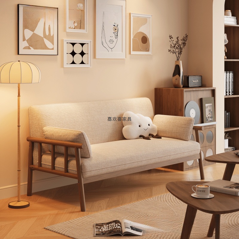 Japanese-Style Solid Wood Small Apartment Living Room Three-Seater Sofa Table and Chairs for Winter and Summer Dual-Use Rental Apartment