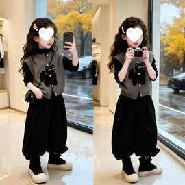 女童春季套装新款中大童春款韩版洋气马甲打底衫裤子三件2026新款