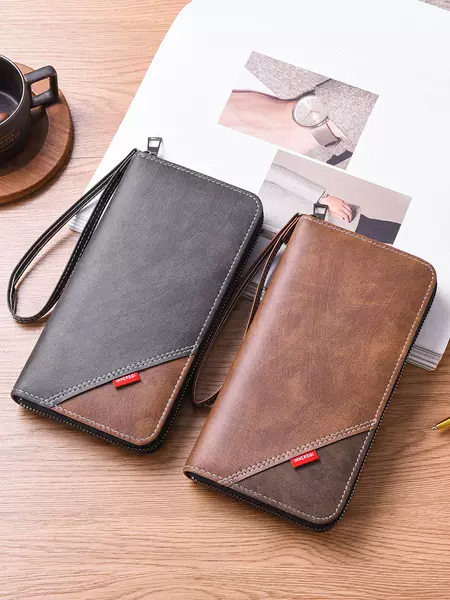Men's long zipper clutch wallet with wrist strap, multiple card slots, large capacity, can hold a mobile phone, business leather wallet