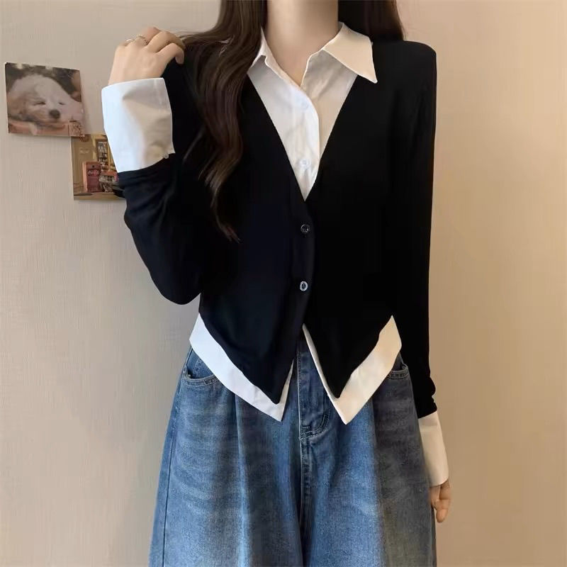 Plus-Size Slimming Faux Two-Piece Top for Women, European Style, Regular Shoulder, Tummy-Concealing, Fashionable, Youthful-Looking Shirt Jacket for Autumn