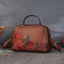 新款头层牛皮复古枕头包文艺国风压花手提包大容量百搭波士顿女包