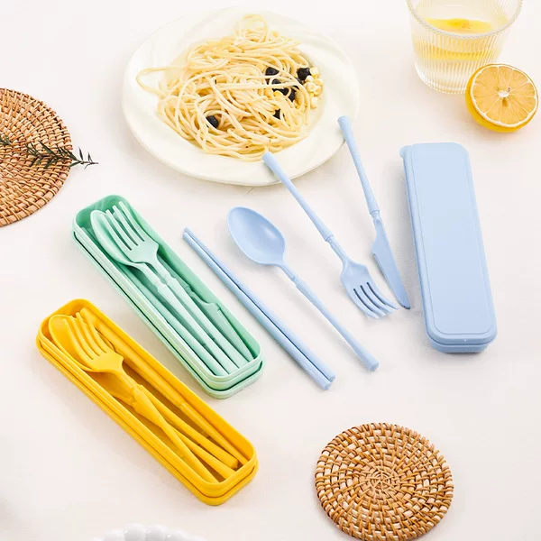 Cross-Border Wheat Straw Tableware Set: Knife, Fork, Spoon, Chopsticks, Five-Piece Set, Office Lunch Set, Portable Bento Set