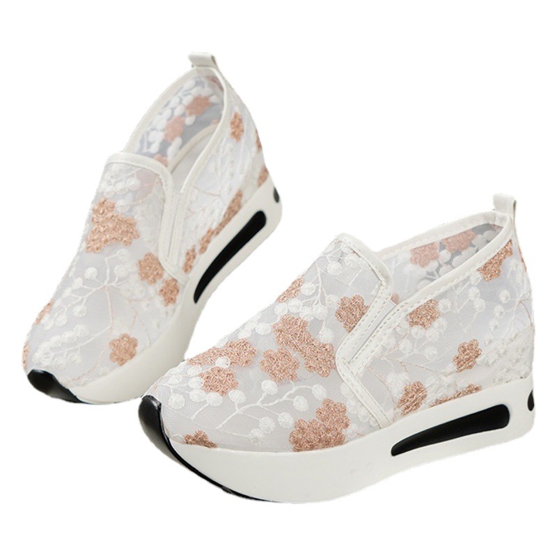 Zapatos individuales mujeres 2024 primavera versión coreana del nuevo encaje malla casual pies tacones altos elevan sandalias de mujer