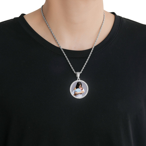 European and American necklace personalized photo memory round picture frame medal solid pendant hip-hop jewelry necklace