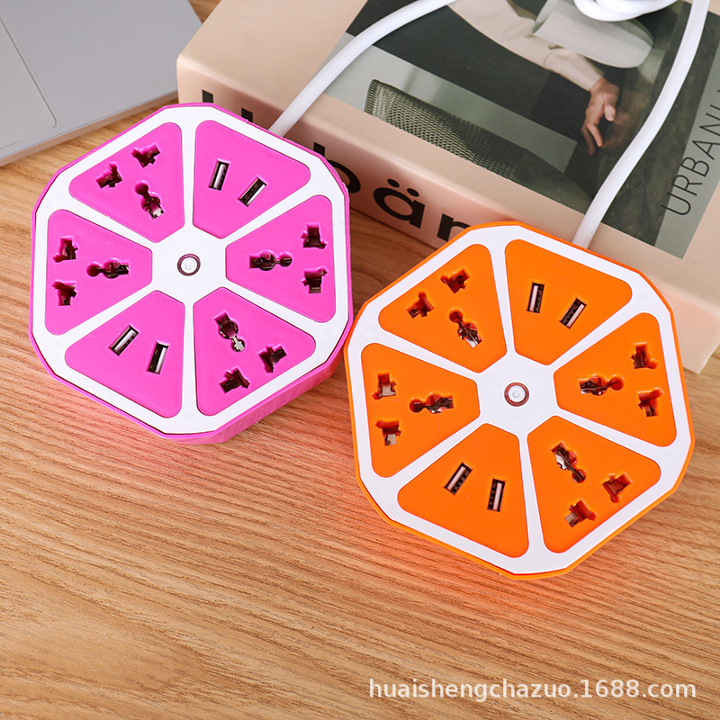 469#水果4USB插座 盒子款柠檬托线板 印尼欧规2米 彩色