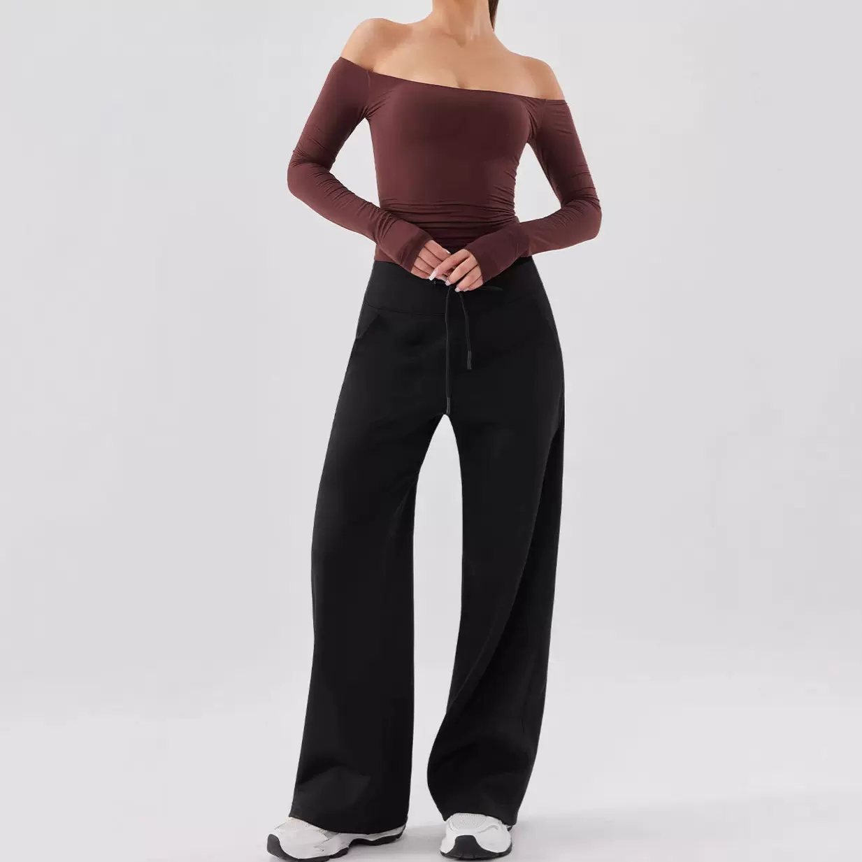 瑜伽运动加绒长裤女高腰斜口袋外穿阔腿裤遮跨宽松休闲直筒裤跨境