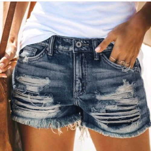 Elegant Commute Summer Short Pants, Washed High-Waisted Blue Dark Cotton Denim Women's Regular Jeans