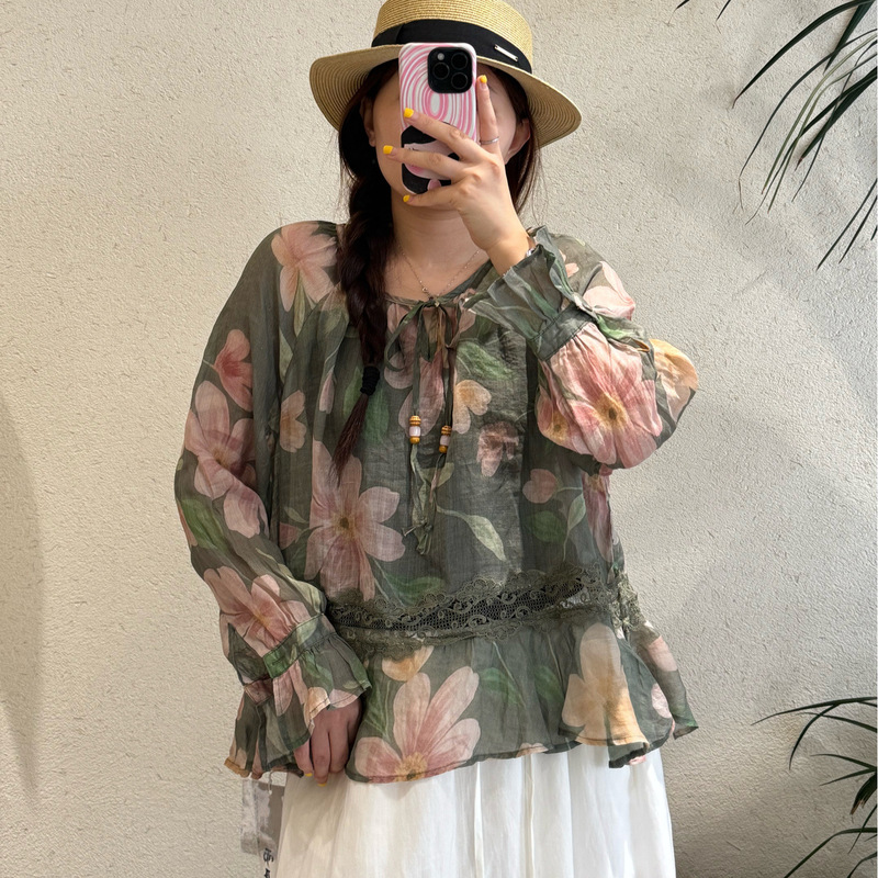 Artistic Printed Ramie Long-Sleeve Shirt 2026 Fresh and Sweet Tie-Neck Lace Splicing Youthful Versatile Top Artistic Printed Ramie Long-Sleeve Shirt 2026 Fresh and Sweet Tie-Neck Lace Splicing Youthful Versatile Top