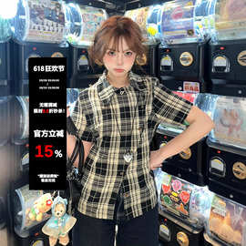 2025夏季新款格子短袖衬衫女百搭简约不规则纯棉衬衣修身收腰上衣
