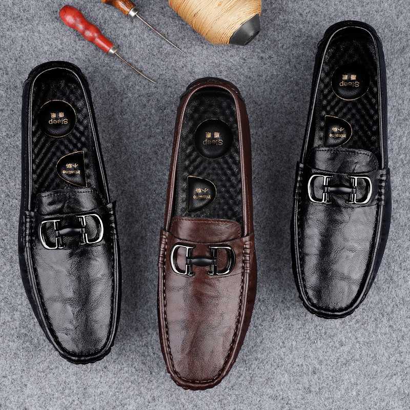 Zapatos de cuero en vivo para hombres 2025 nuevos zapatos de negocios británicos transpirables con suela suave zapatos casuales perezosos con un pie de zapato