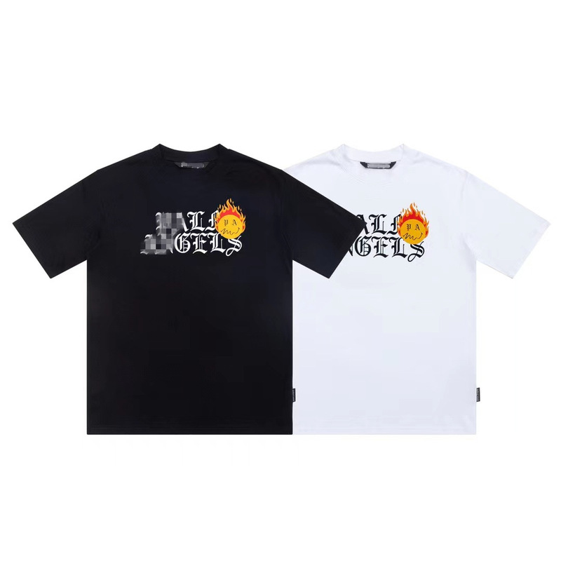 Wholesale trendy brand Palm Angel flame smiley face Sanskrit letter printed men and women bf couple loose short sleeve t-shirt