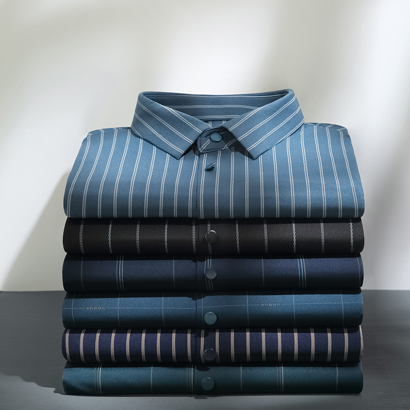 【】Men's Printed Striped Shirt with Four-Way Stretch and Laser-Cutting Technology, Long-Sleeved Casual Shirt for Men