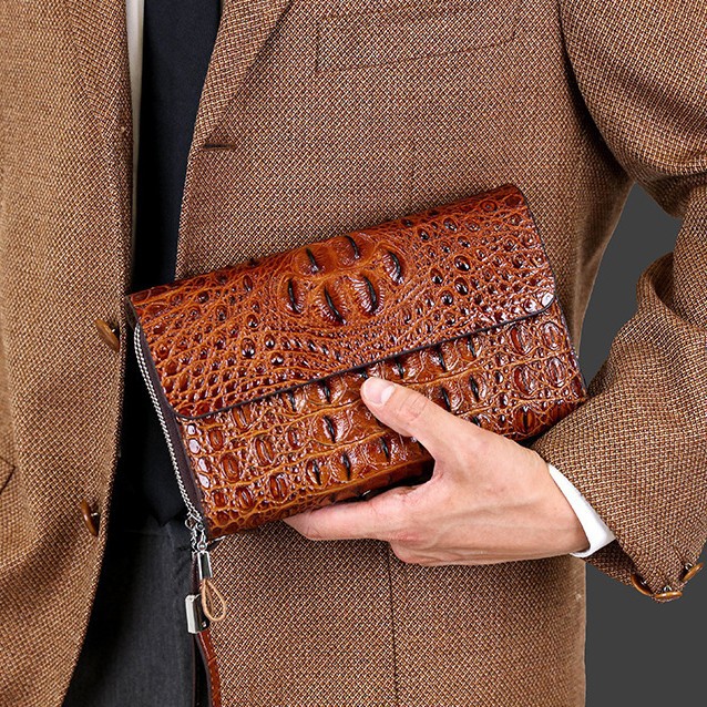 Borsa da uomo di alta gamma con stampa coccodrillo, elegante pochette da lavoro con doppia cerniera e portafoglio multifunzionale, nera e marrone._voghion.com