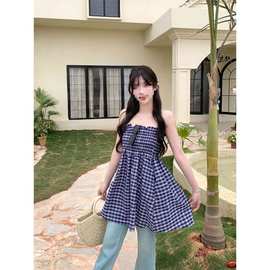 2025夏年季新款设计感甜美显瘦度假小众蓝色格子抹胸A字半身裙女