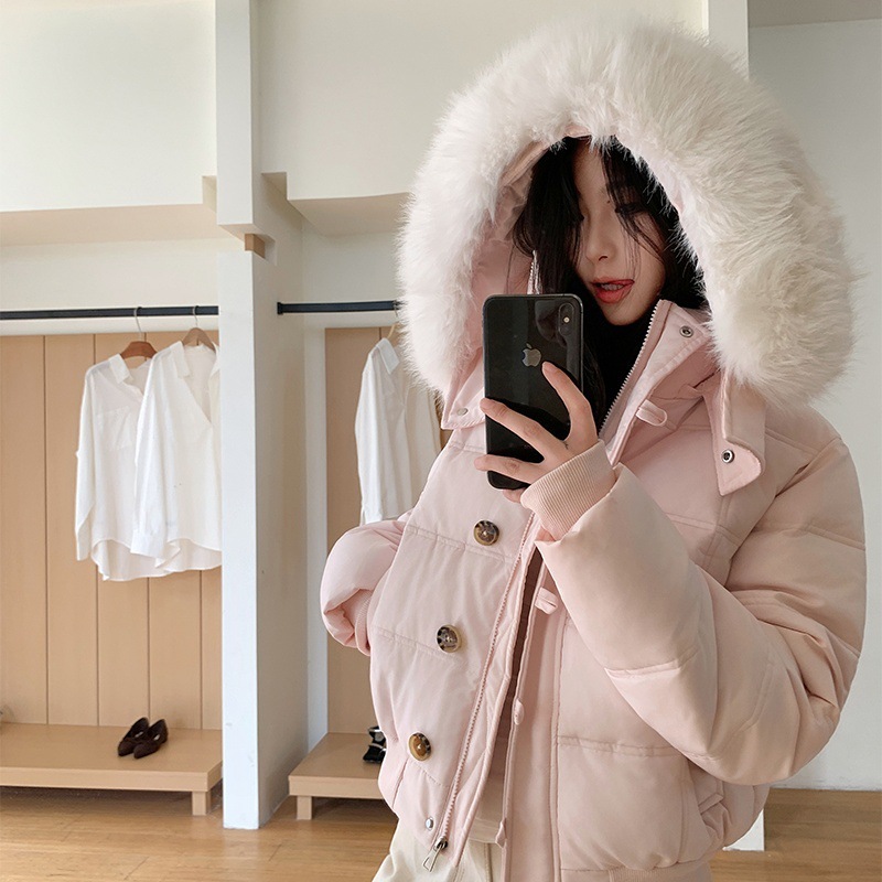 冬季百搭藏青色连帽毛领短款棉衣棉袄女新款保暖加厚羽绒棉服外套|undefined