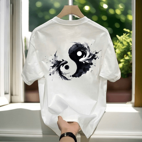 High-Quality Men's Clothing: Men's Trendy Personality Printed Short-Sleeve T-Shirt Summer Pure Cotton Korean Style Versatile Round Neck Top