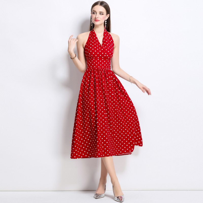 Đầm maxi cổ chữ V chấm bi đỏ phong cách Hồng Kông cổ điển, váy dài kiểu Pháp — Màu đen, Màu xanh lam, Màu trắng, Màu vàng
