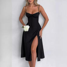欧美女装2024夏季新款黑色法式浪漫度假吊带连衣裙女收腰小黑裙气