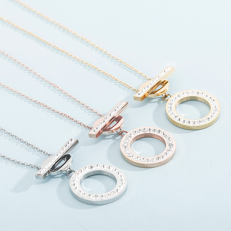 Fashion Round Titanium Steel Inlay Zircon Earrings Necklace 1 Set