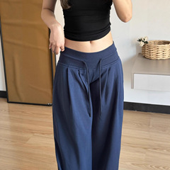 藏青色美式复古抽绳褶皱卫裤女秋2025新款低腰宽松垂感阔腿运动裤