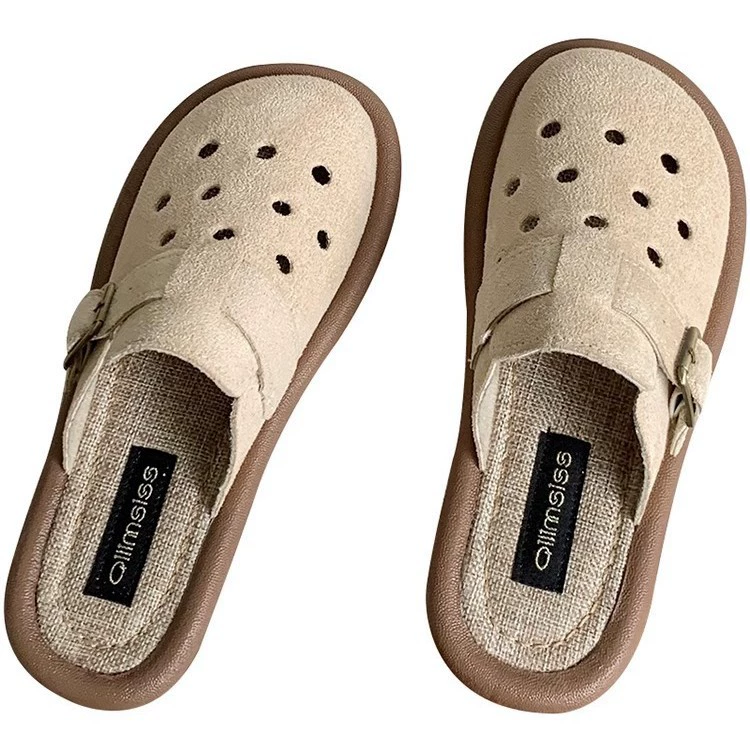 Биркеншток обувь для женщин, летняя верхняя одежда, одноножковый Crocs, Баотоу полурасправка, новые 2025 хлопок и лен сандалии, плоская подошва ленивые тапочки