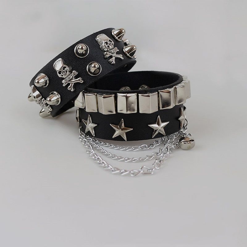 New Cool Girl Punk Leather Rivet Bracelet Personalized Skull Street Dance Accessories Hip-hop Bracelet Wide Bracelet Trendy Men