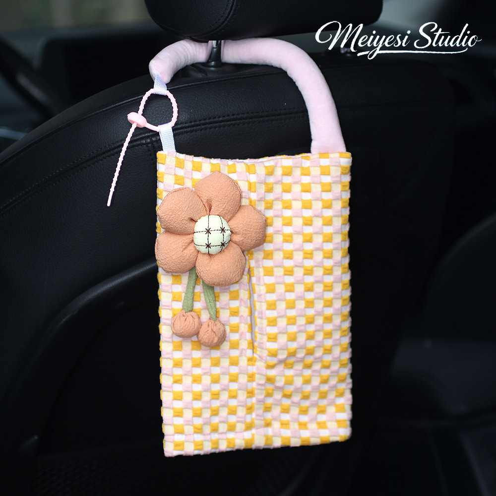 Creative Car Tissue Box with Fabric Cover, High-End Feel, Hanging Car Tissue Holder, In-Car Tissue Box Hanging Bag for Girls