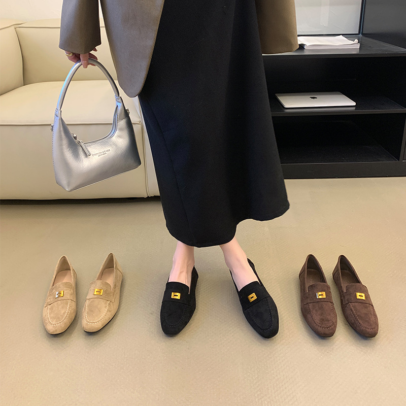Miting Suede Metal Square Buckle Flats Loafers for Women Spring & Fall Round Toe Shallow Mouth Slip-On Soft Sole Beanie Shoes