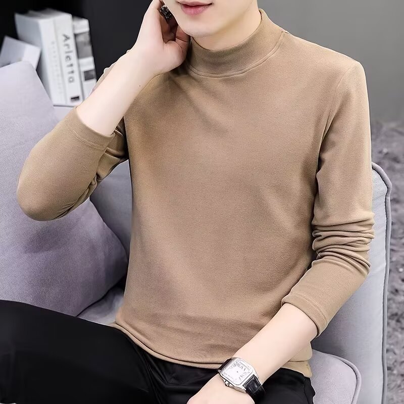 Fuente de fábrica de camisetas de manga larga de hombre primavera y otoño nuevo estilo de ropa de hombre delgado de algodón de cuello medio camiseta de color sólido