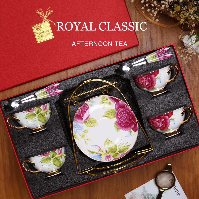 China de hueso de alta apariencia traje de taza de café de estilo europeo Taza de cerámica y platillo británico juego de té de la tarde traje caja de regalo
