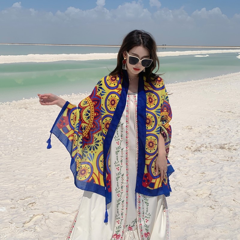 Estilo étnico azul amarillo geométrico floral impreso algodón y lino sentir bufanda viajes al aire libre protección solar chal Toalla de playa delgada