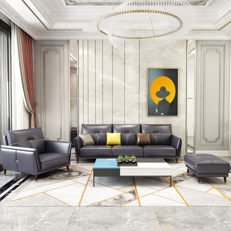 Sofá de cuero de estilo minimalista italiano, conjunto en forma de L para sala de estar de apartamento pequeño, sofá nórdico moderno y sencillo de tres plazas.