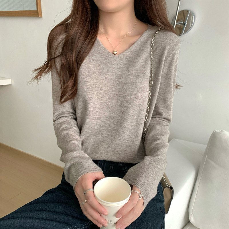 韩版基础款圆领卷边针织衫打底女早秋慵懒风毛衣长袖软糯内搭上衣|undefined