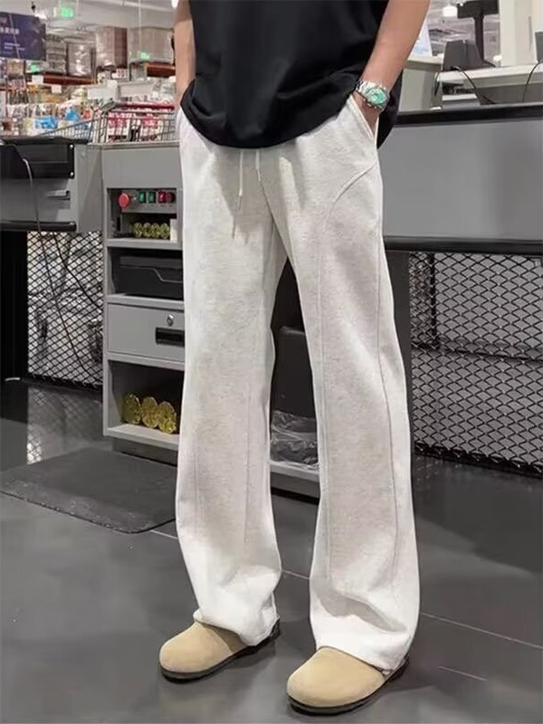 White Floral Gray Straight-Leg Curved Sweatpants for Men, Autumn and Winter Fleece-Lined Drape Sports Pants, American-Style Slanted Casual Flared Pants 2