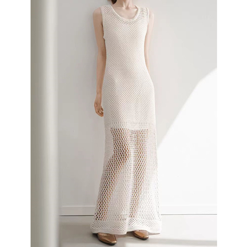 Sleeveless Solid Color Sexy Hollow Mesh Knitted Vest Dress Slimming Long Skirt